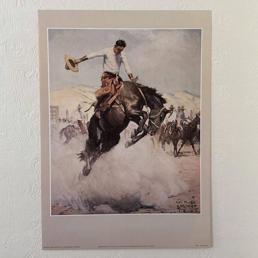 Breezy Riding Art Poster Print W. H. D. Koener Cowboy Rodeo 28x20” Vintage New
